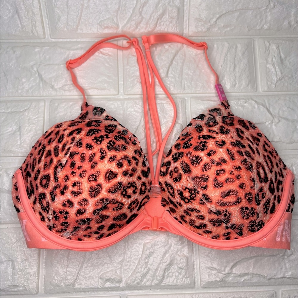 NWT VS PINK Racerback Push Up Bra Sz 32D Animal Print